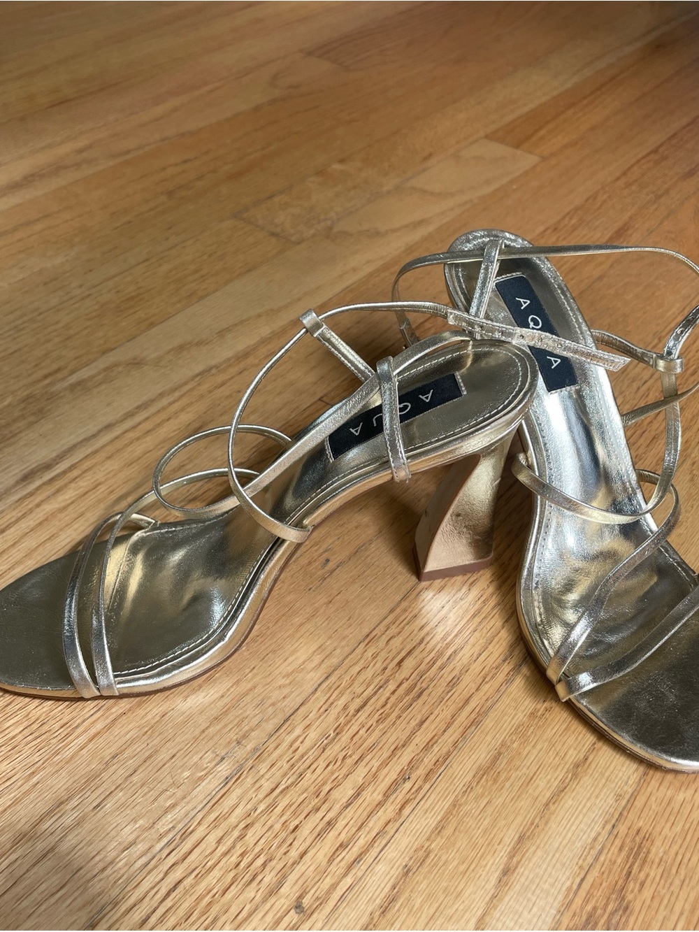 Aqua Shimmery Gold Strappy Block Heel Sandals